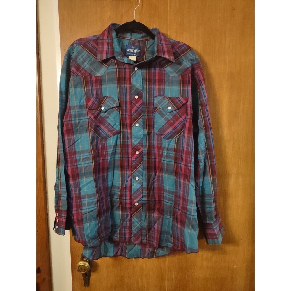 Wrangler Western Shirts Pearl Snap Button Red Multicolor Plaid Shirt Men 16-16.5
